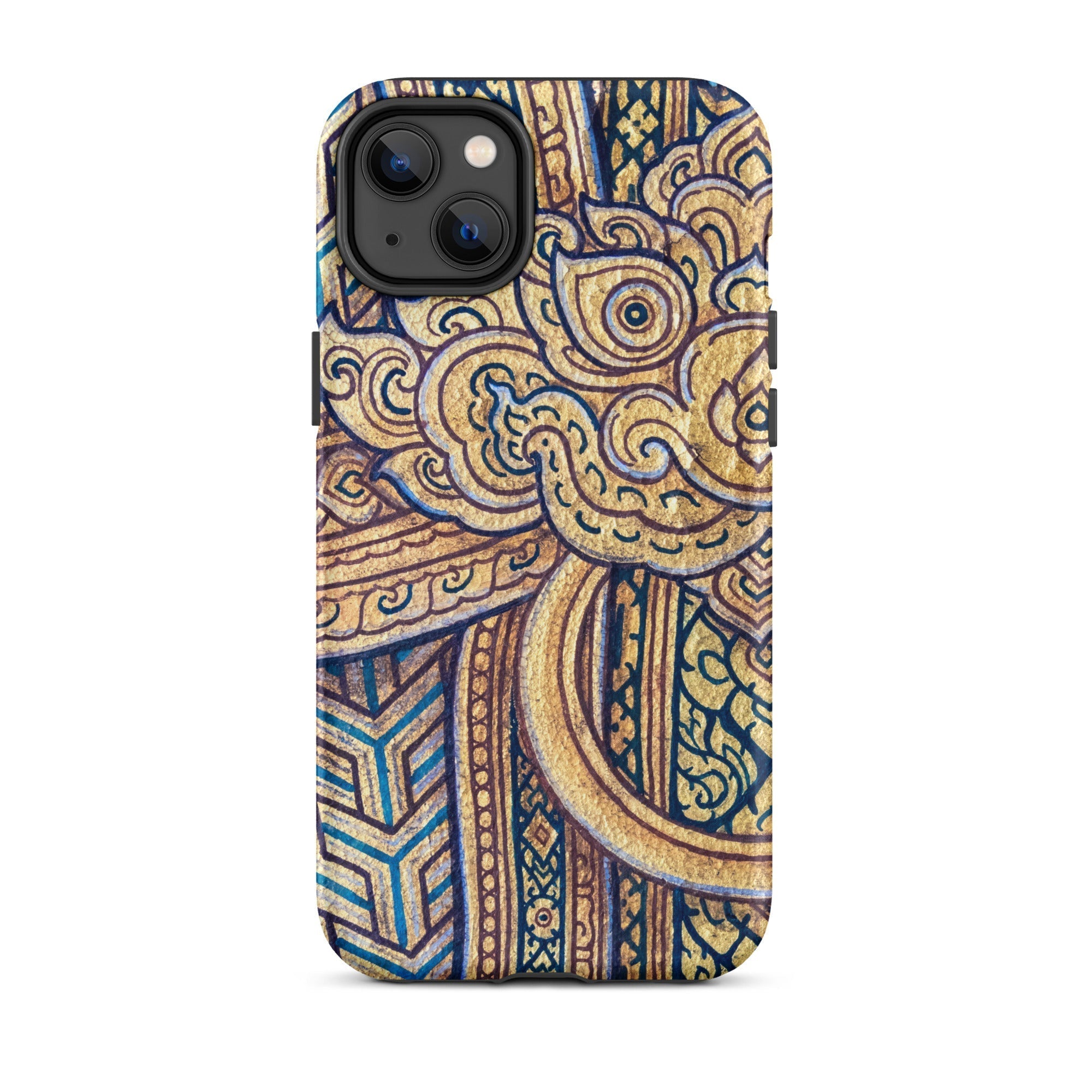 Man’s Best Friend Traditional Thai Iphone Case, 14 Plus / Matte, Ornate Gold Blue Phone Case