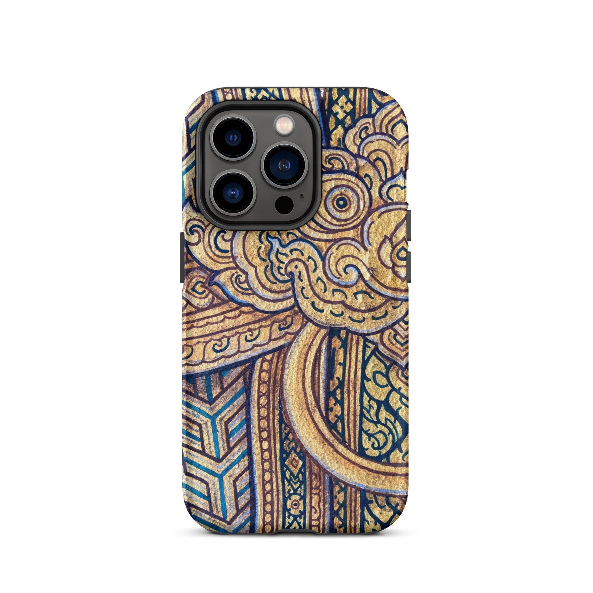 Man’s Best Friend Traditional Thai Iphone Case, 14 Pro / Matte, Ornate Gold Blue Phone Case
