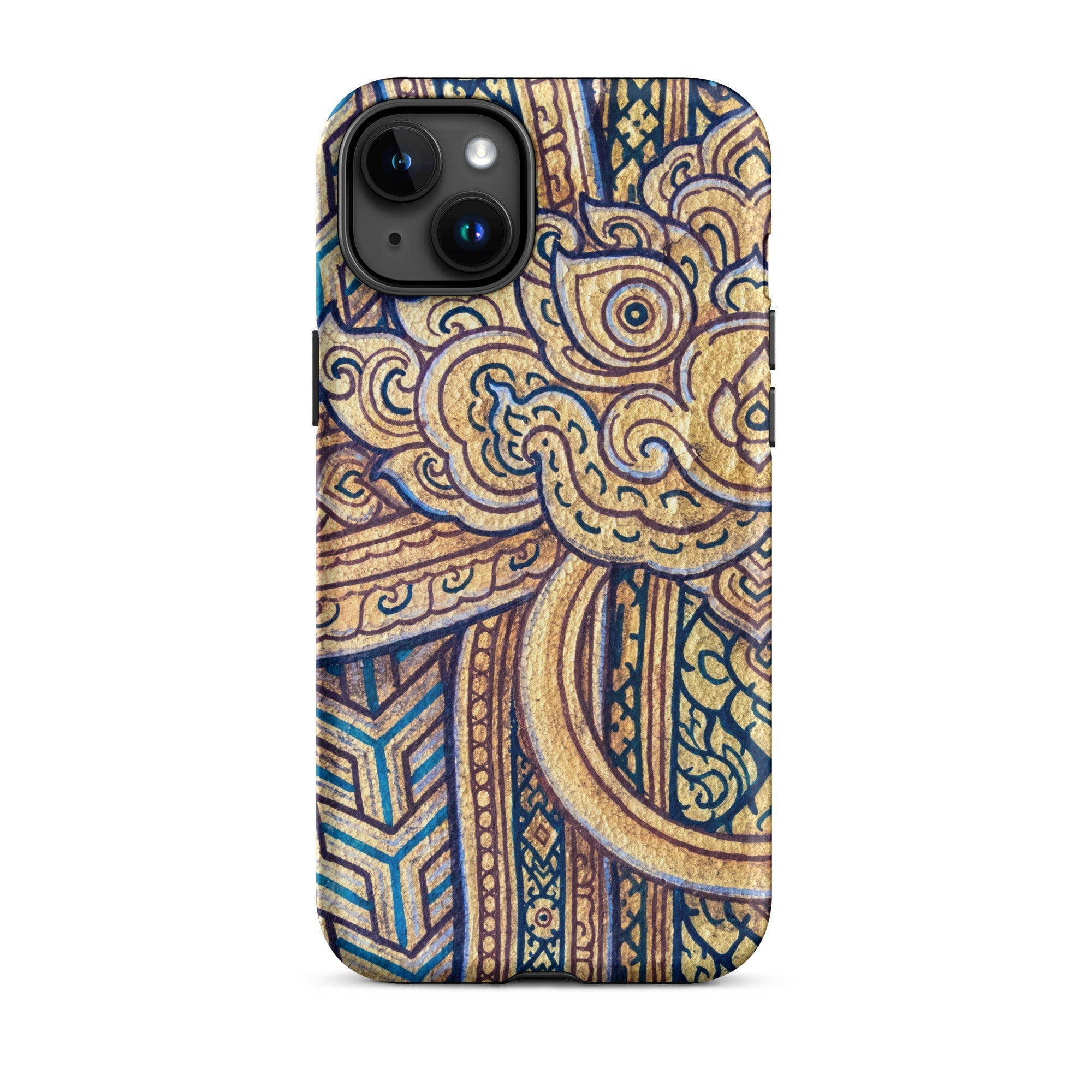Man’s Best Friend Traditional Thai Iphone Case, 15 Plus / Matte, Ornate Gold Blue Phone Case