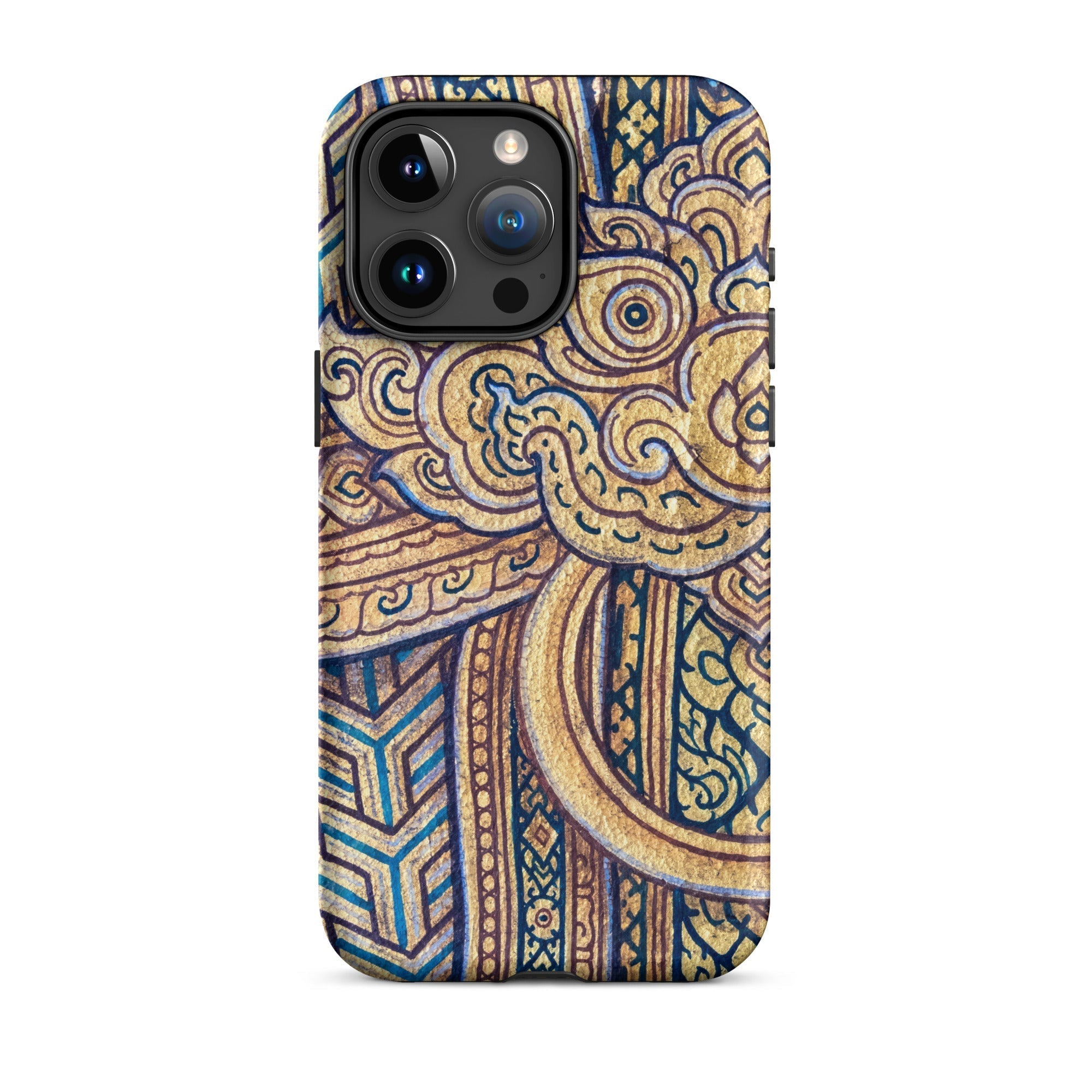 Man’s Best Friend Traditional Thai Iphone Case, 15 Pro Max / Matte, Ornate Gold Blue Phone Case
