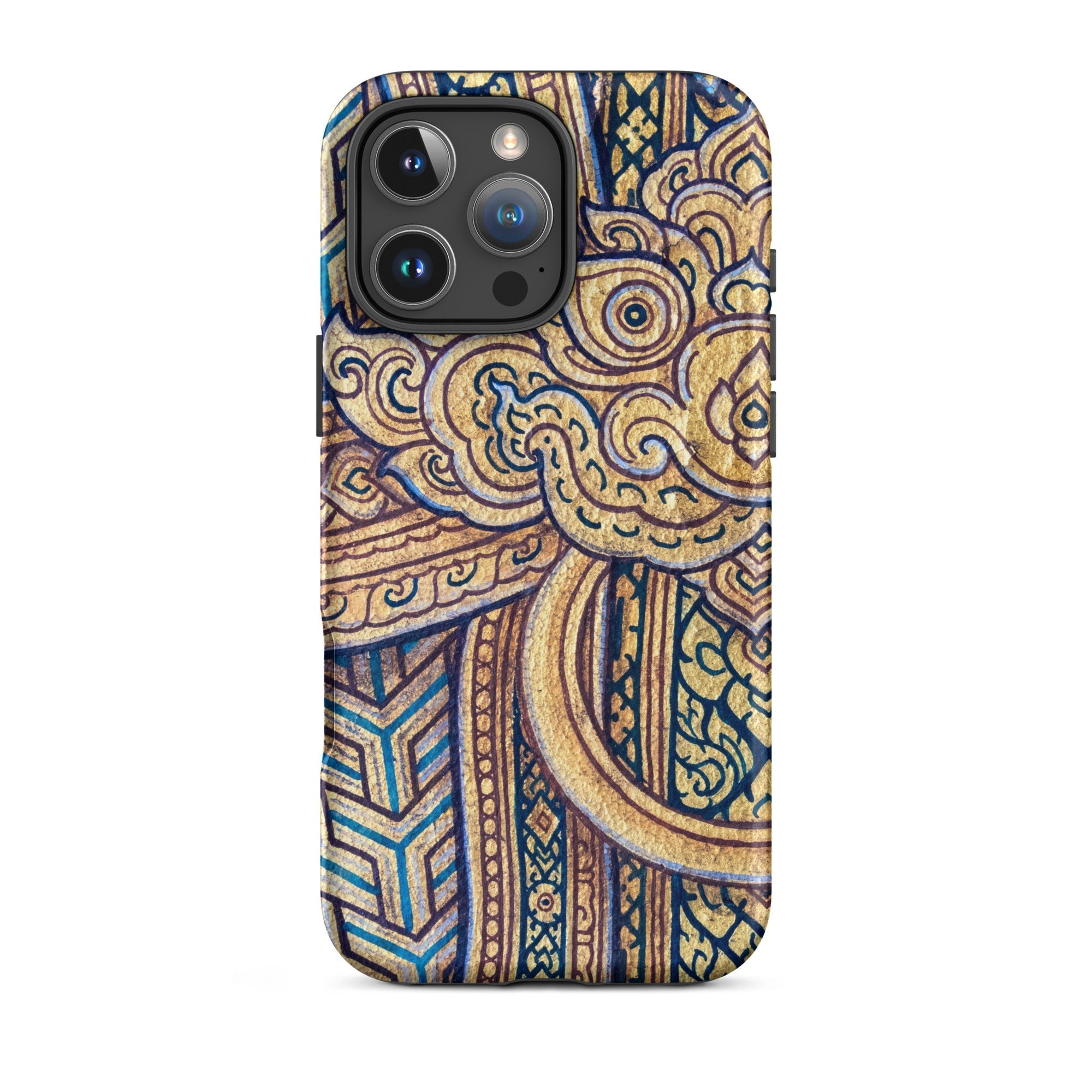 Man’s Best Friend Traditional Thai Iphone Case, 16 Pro Max / Matte, Ornate Gold Blue Phone Case