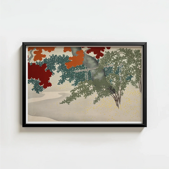 Black-framed Artwork Stylized Trees Vibrant Red Orange Green Kamisaka Sekka Japanese, Maple Leaves Burn, Autumn Art Print