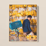 Marigolden - Bkk Flower Market Marigolds Art Print / Canvas Framed Photograph Man Dark Blue Patterned Shirt Turquoise Pak Khlong Talat’s,