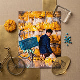 Marigolden - Bkk Flower Market Marigolds Art Print / Canvas Vibrant Photograph Man Navy Blue Patterned Shirt Shelves Pak Khlong Talat’s,