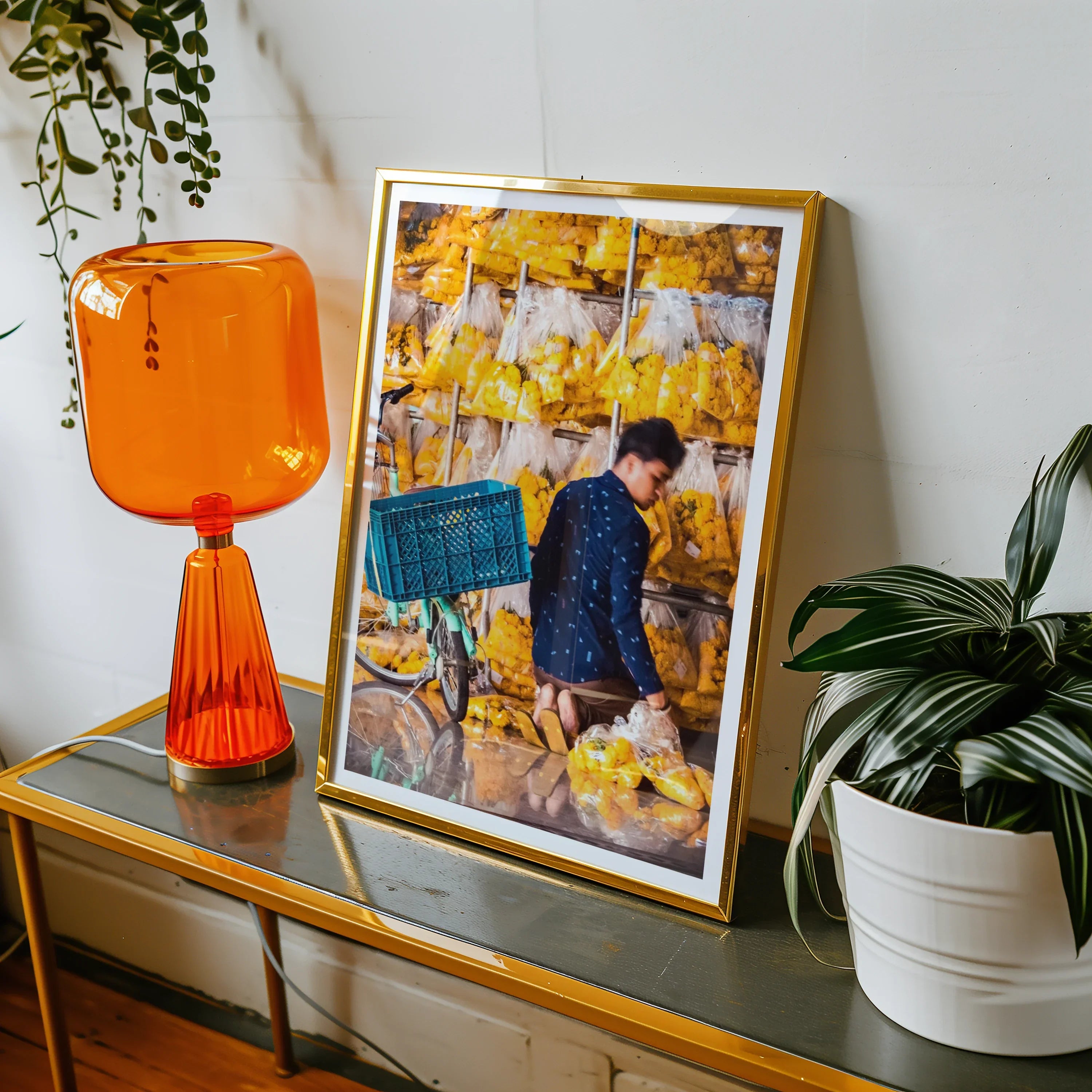 Marigolden - Bkk Flower Market Marigolds Art Print, Framed Artwork Market Scene Vibrant Yellow Colors Figure