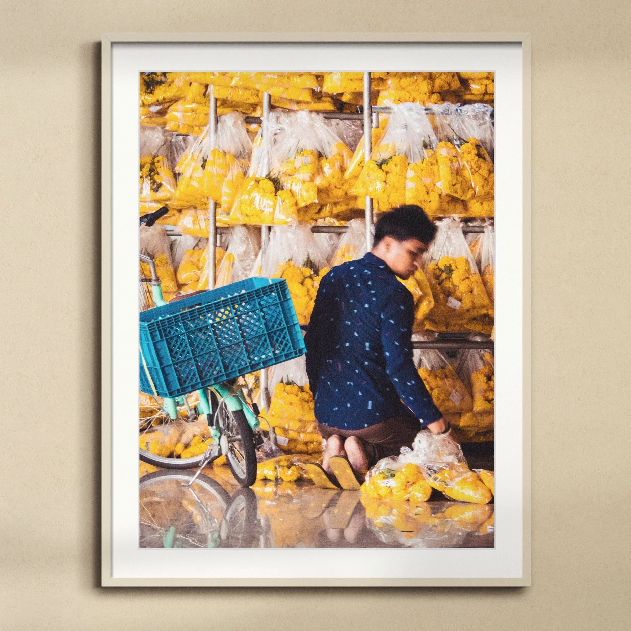 Marigolden Bkk Flower Market Marigolds Art Print, Framed Photograph Among Stacks Yellow Plastic Wrapped Products