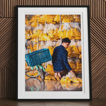 Marigolden - Bkk Flower Market Marigolds Art Print, Framed Photograph Person Surrounded Bags Yellow Fruit Market