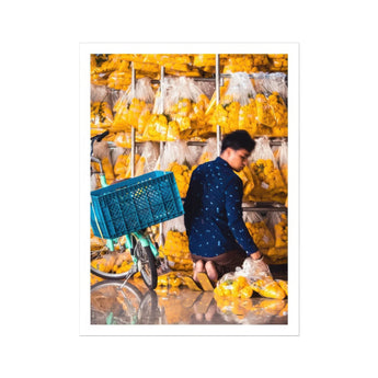 Marigolden - Bkk Flower Market Marigolds Art Print, Yellow Durian Fruits Plastic Bags Market Stall