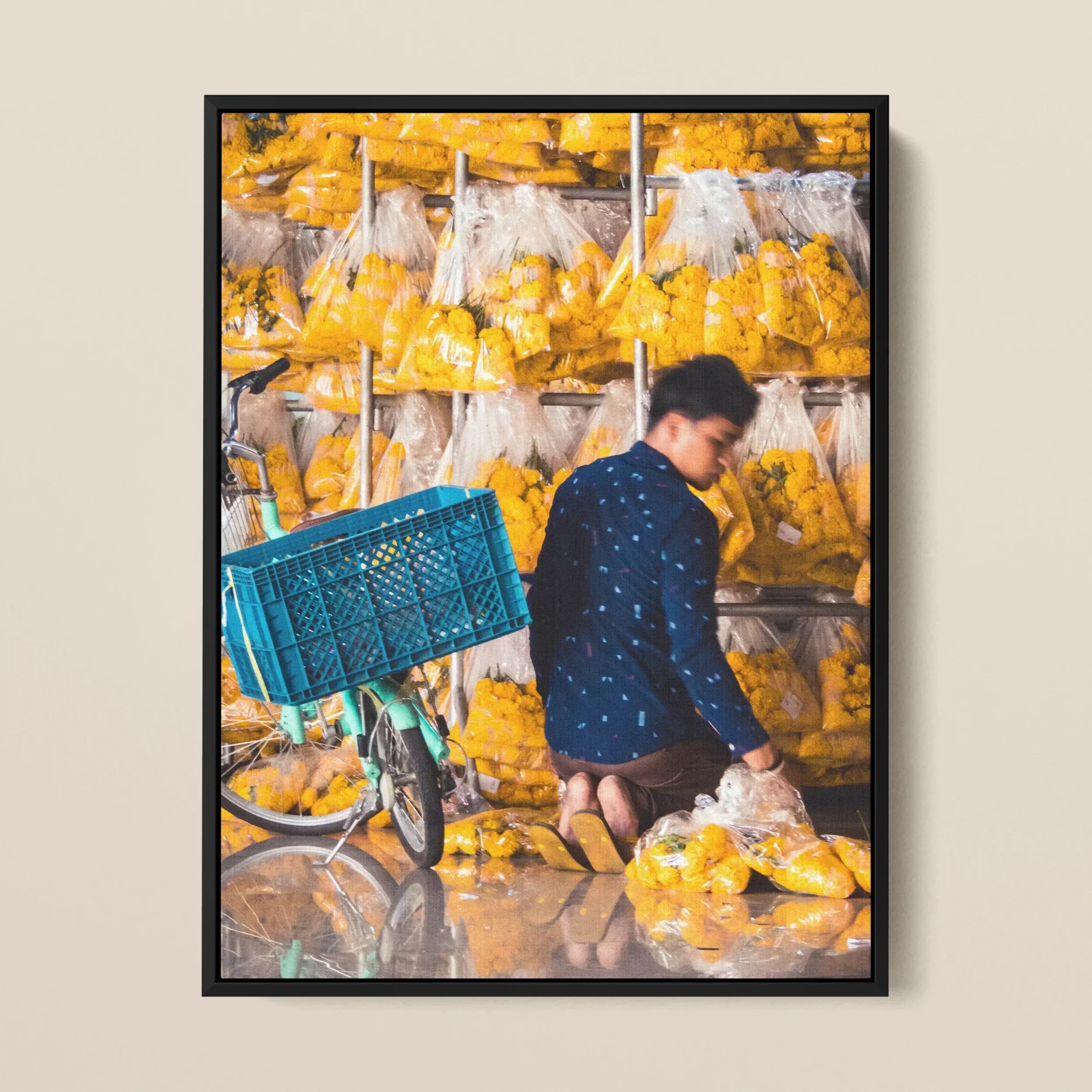 Marigolden - Bkk Flower Market Marigolds Framed Canvas, Person Among Bags Yellow Flowers Produce Market-like