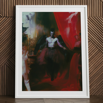 Gay African American vampire with wings and red curtain.