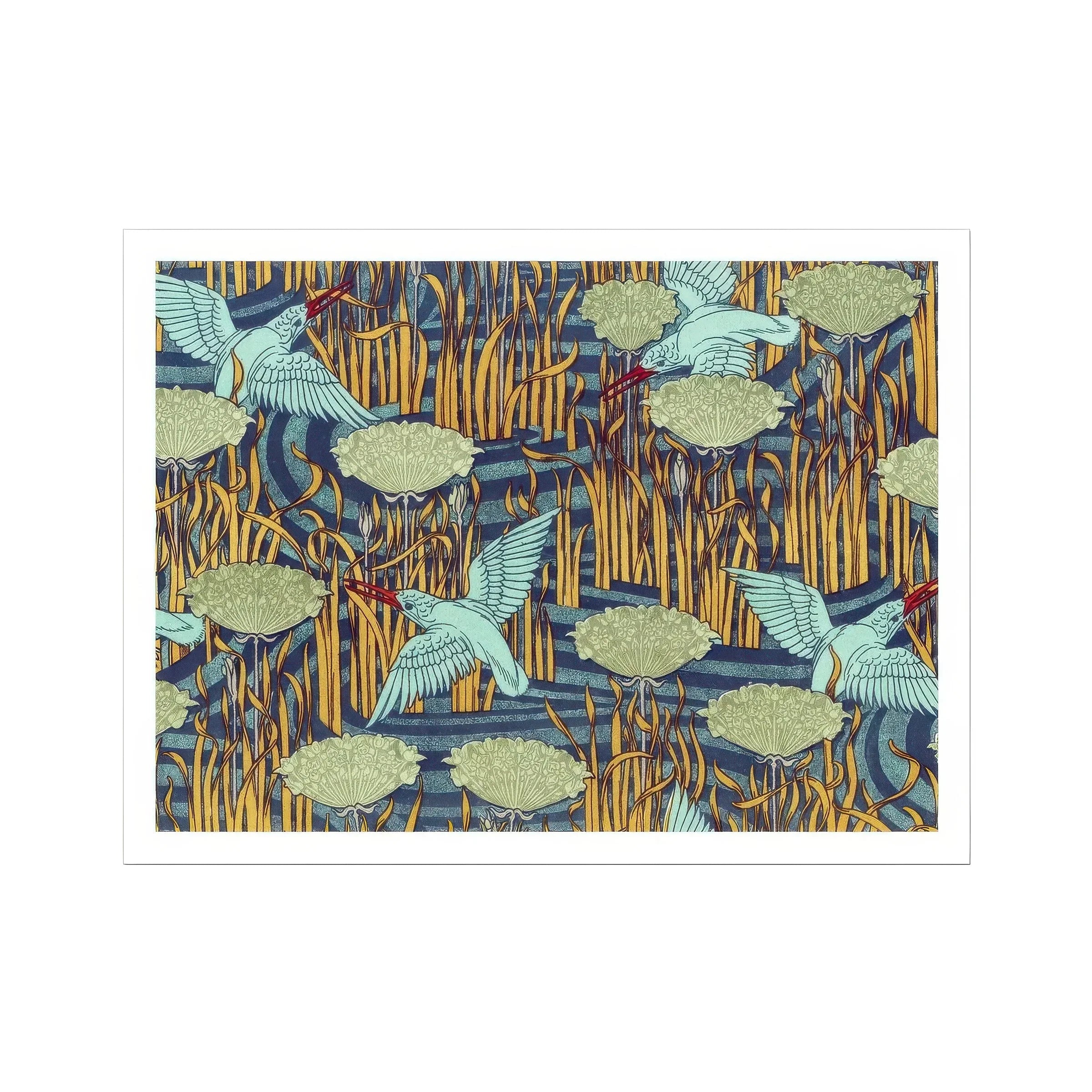 Martins Pêcheurs Maurice Pillard Verneuil Art Print, Decorative Pattern Herons Lily Pads Blue Green Tones