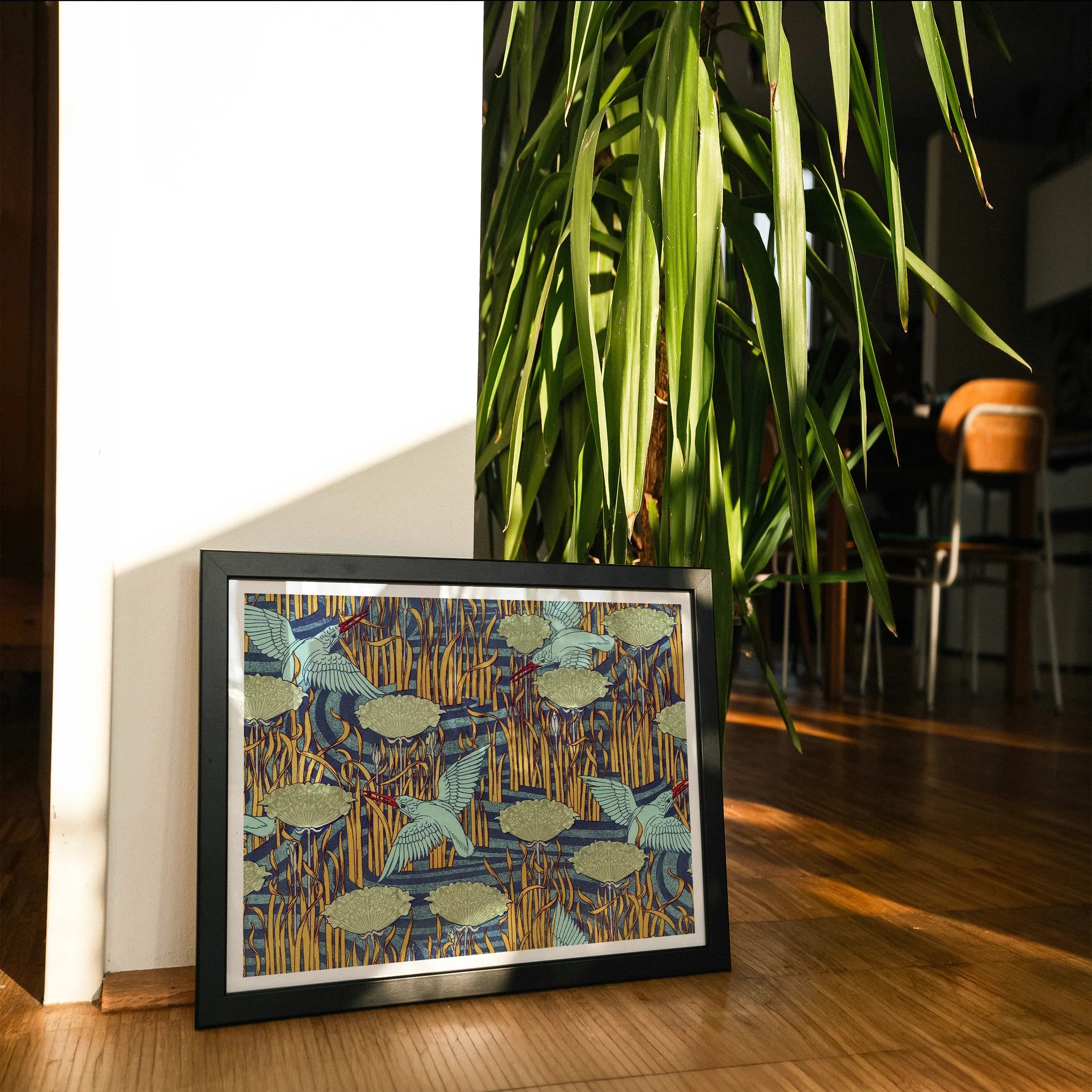 Martins Pêcheurs Maurice Pillard Verneuil Art Print, Framed Artwork Blue Birds Among Orange Yellow Patterns