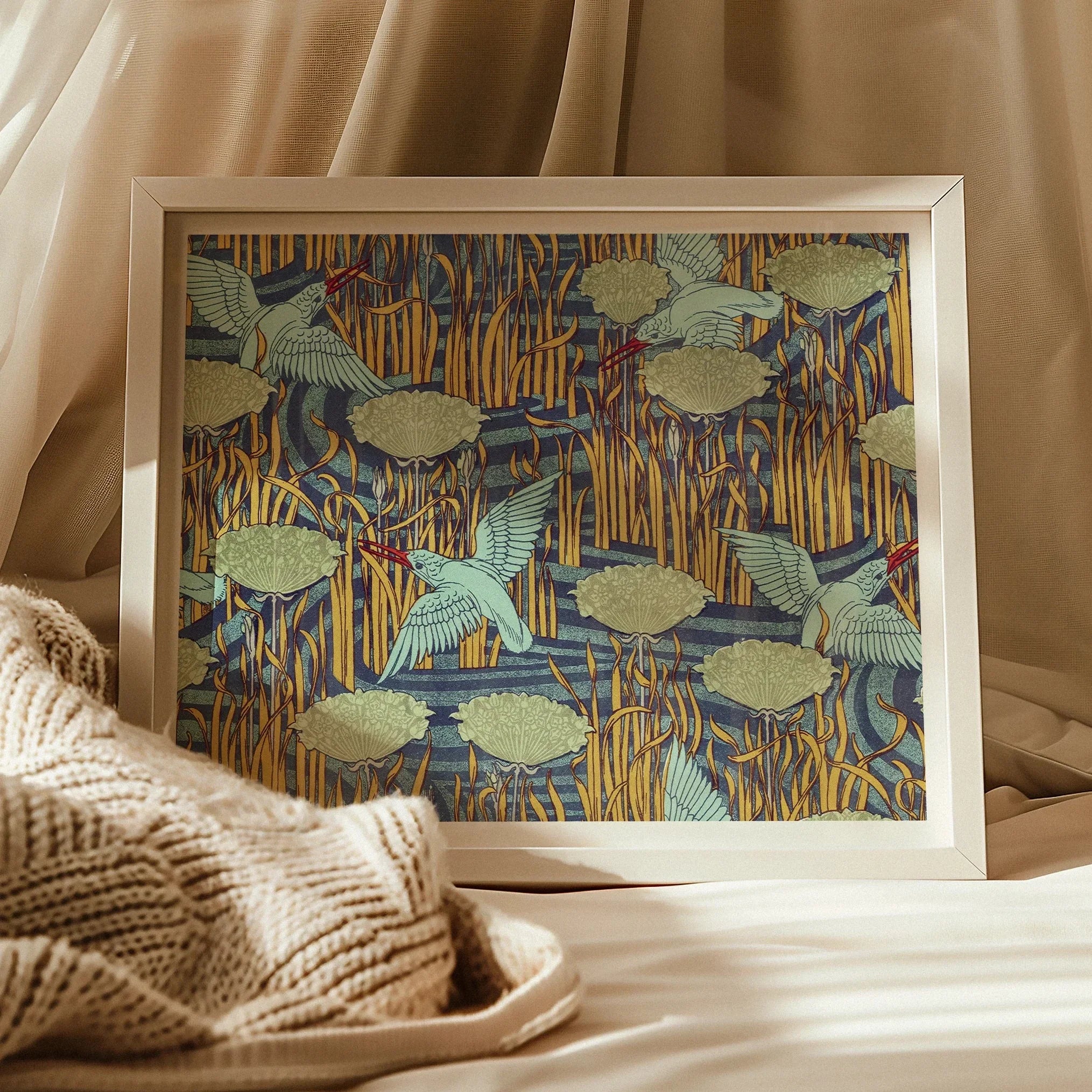 Martins-pêcheurs - Maurice Pillard Verneuil Art Print, Framed Artwork Blue Cranes Lily Pads Striped Orange