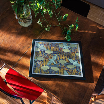 Martins-pêcheurs - Maurice Pillard Verneuil Art Print, Framed Artwork Blue White Dragonflies Striped Pattern