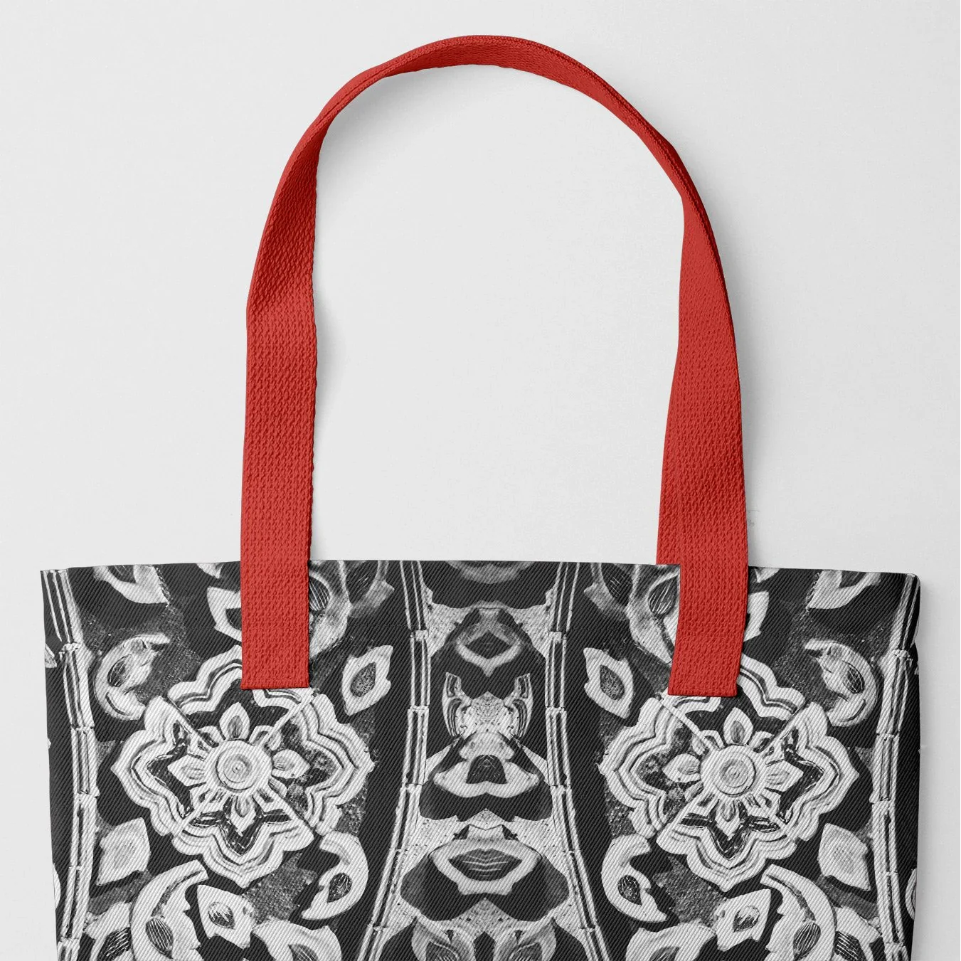 Masala Thai - Black and White Mosaic Shopping Tote, Red Handles, 2572150, Tote Bag Black White Floral Pattern Red Straps