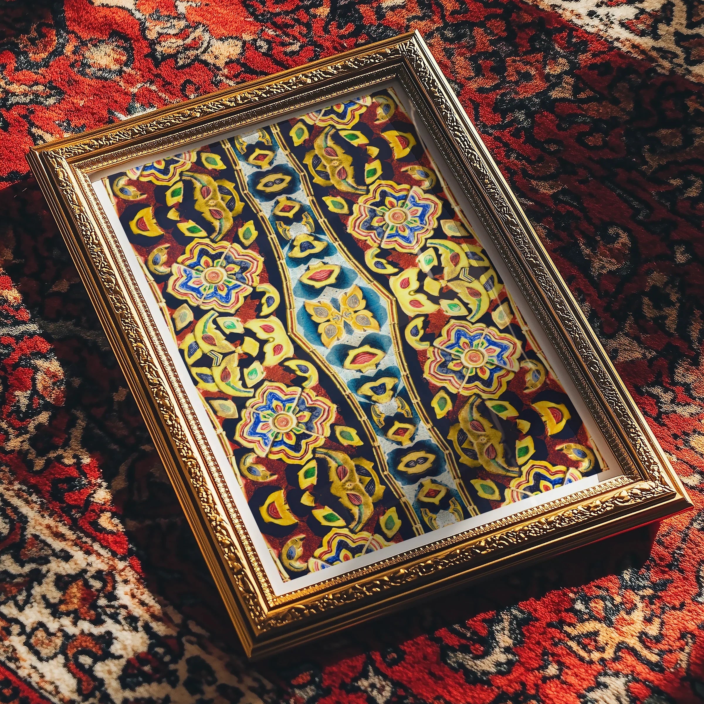 Masala Thai - Mosaic Pattern Art Print, Ornate Gold-framed Artwork Colorful Islamic Geometric Floral Patterns