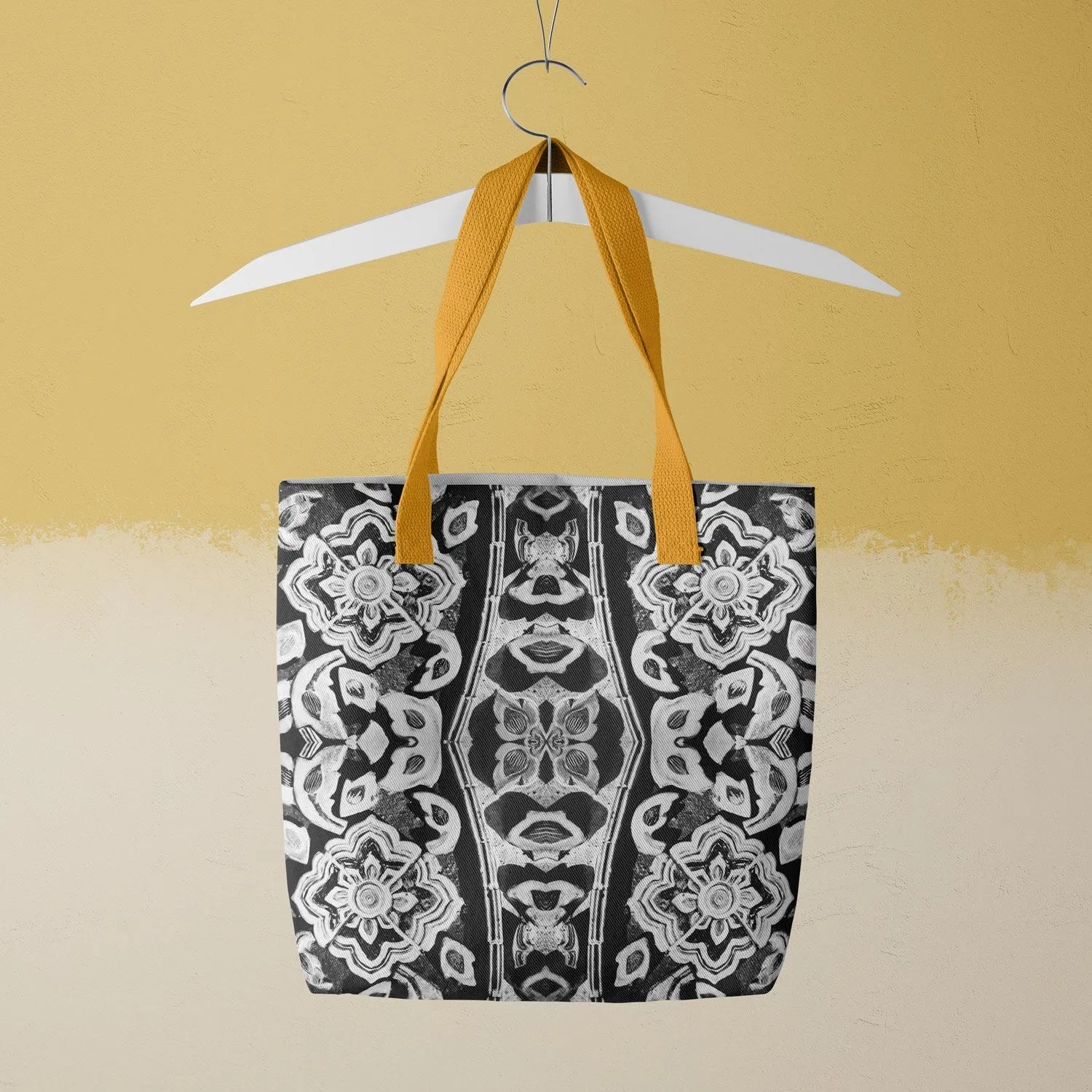 Masala Thai Tote - Black And White - Heavy Duty Reusable Grocery Bag - Yellow Handles - Shopping Totes - Aesthetic Art