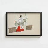 Black-framed Artwork Traditional Japanese Figure White Red Attire Kamisaka Sekka, Meiji-era Artistic Revolution, Meiji Kabuki Art