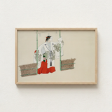 Minimalist Wooden-framed Artwork Traditional Japanese Illustration Two Figures Kamisaka Sekka, Meiji-era Artistic Revolution, Meiji Kabuki