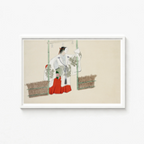 Framed Japanese-style Illustration Woman Traditional White Red Attire Kamisaka Sekka, Meiji-era Artistic Revolution, Meiji Kabuki Art