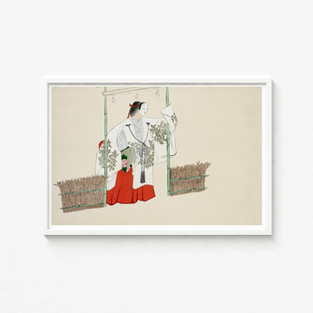 Framed Japanese-style Illustration Woman Traditional White Red Attire Kamisaka Sekka, Meiji-era Artistic Revolution, Meiji Kabuki Art