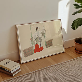 Masked Man - Kamisaka Sekka Meiji Kabuki Art Print, Framed Artwork Traditional Asian-style Illustration Figures Red White