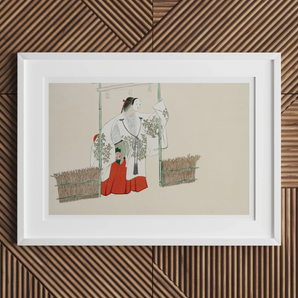 Masked Man - Kamisaka Sekka Meiji Kabuki Art Print, Framed Japanese Artwork Two Figures Garden