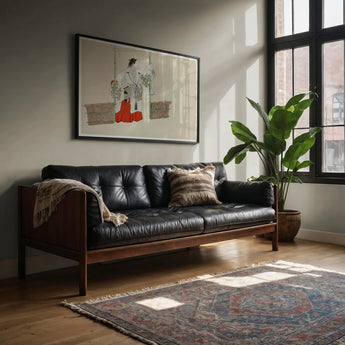 Masked Man - Kamisaka Sekka Meiji Kabuki Art Print, Mid-century Modern Leather Sofa Wooden Frame Tufted Cushions