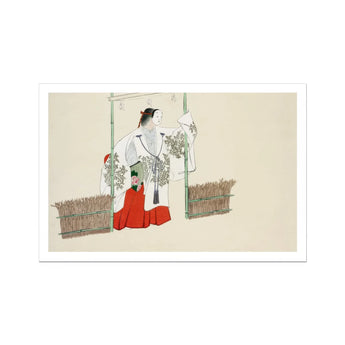 Masked Man - Kamisaka Sekka Meiji Kabuki Art Print, Traditional Japanese Ink Watercolor Illustration Two Figures White