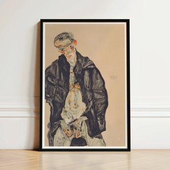 Masturbation - Egon Schiele Art Print / Canvas Black-framed Stylized Portrait Man Dark Clothing Positions, Pale Flesh Unraveling, Schiele’s