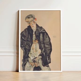 Masturbation - Egon Schiele Art Print / Canvas Framed Artwork Stylized Portrait Man Dark Clothing Beige Positions, Pale Flesh Unraveling,