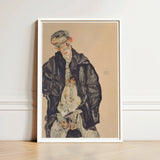 Masturbation - Egon Schiele Art Print / Canvas Framed Artwork Stylized Portrait Man Dark Clothing Beige Positions, Pale Flesh Unraveling,