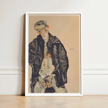 Masturbation - Egon Schiele Art Print / Canvas Framed Artwork Stylized Portrait Man Dark Clothing Beige Positions, Pale Flesh Unraveling,