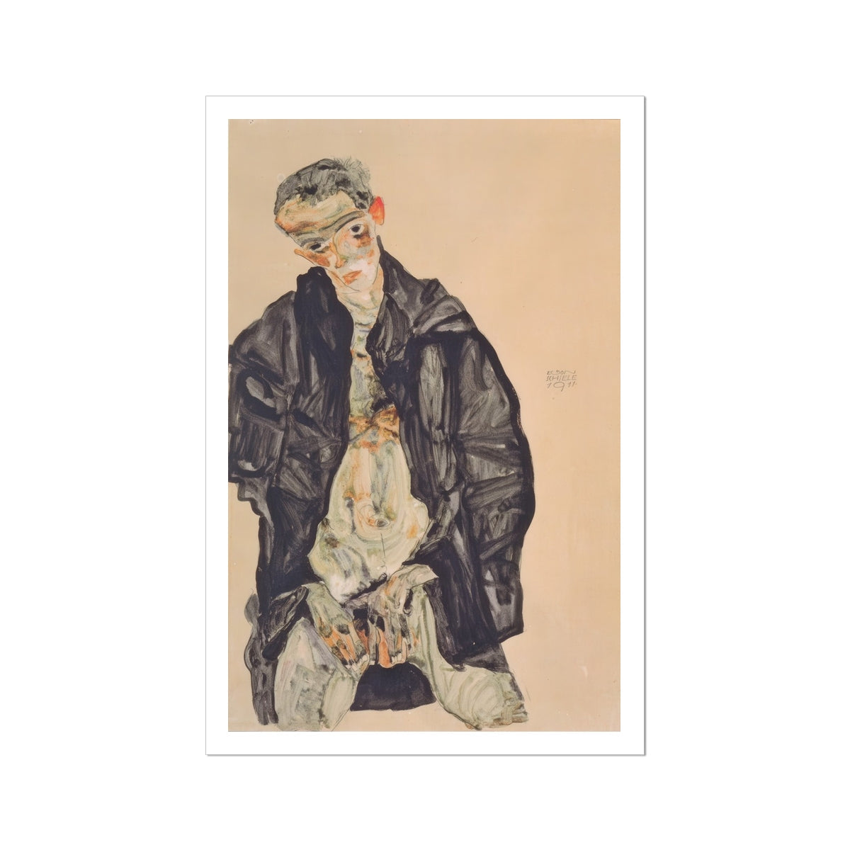 Masturbation Egon Schiele Art Print, Expressionistic Painting Man Dark Coat