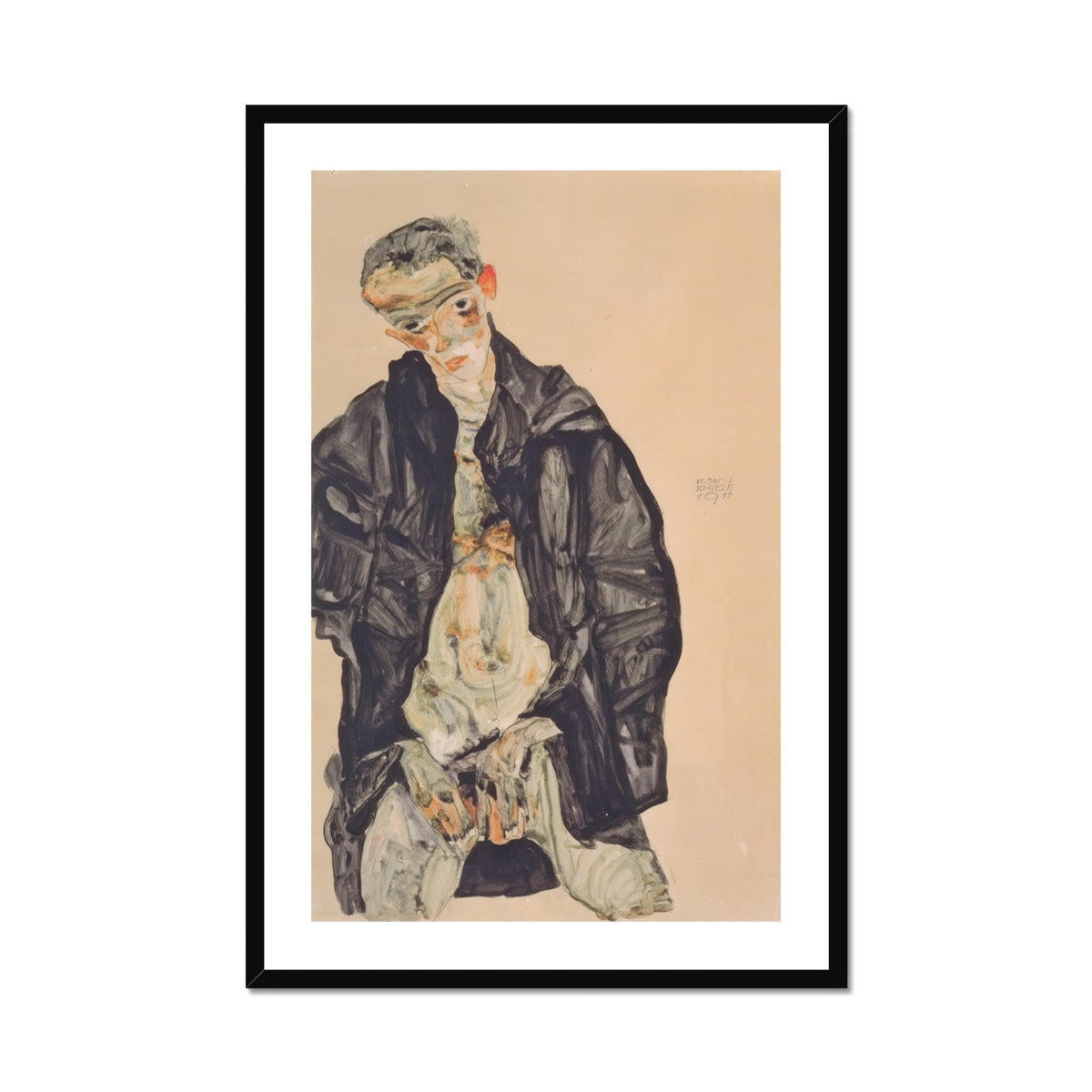 Masturbation Egon Schiele Art Print, Framed Painting Man Dark Jacket Light Clothing