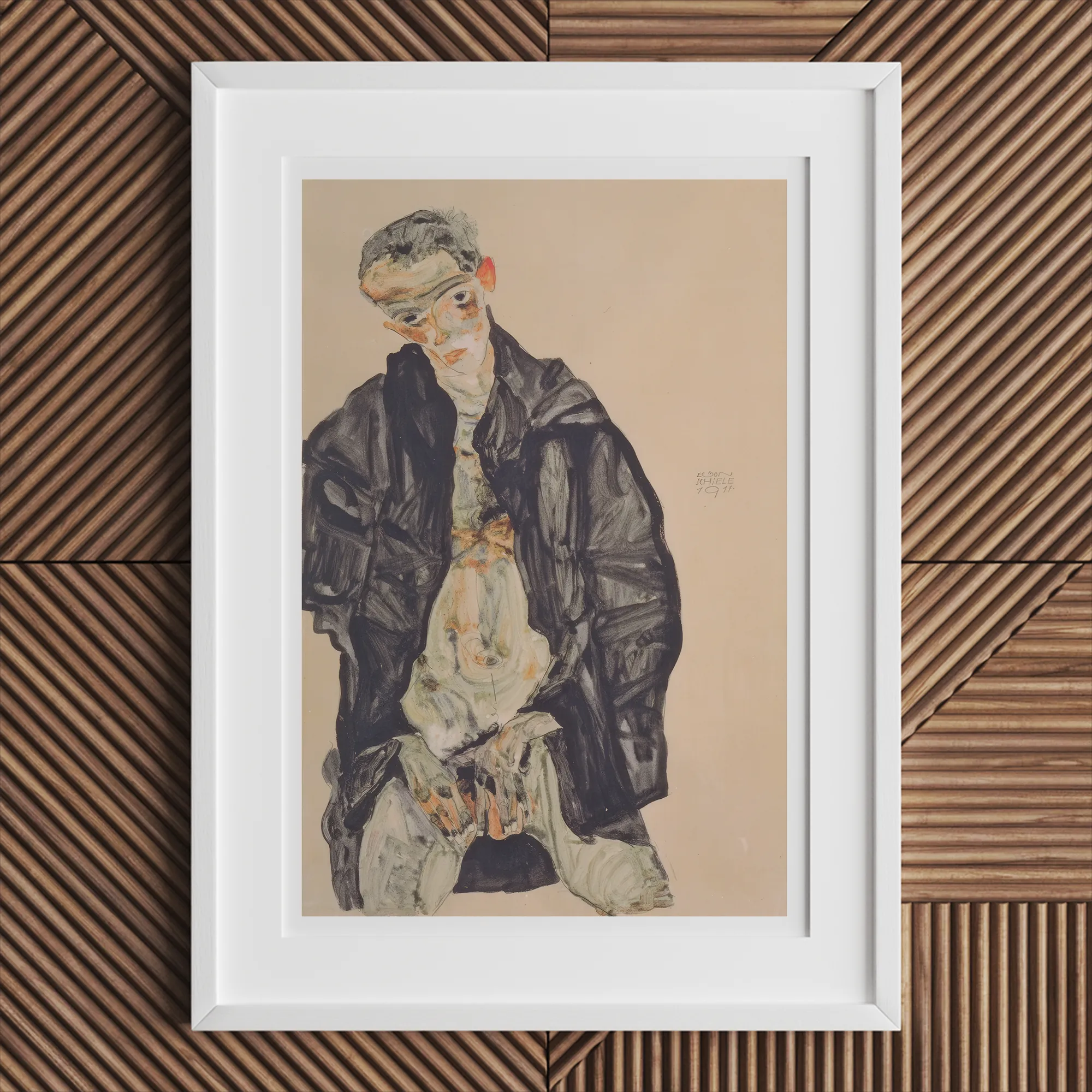 Masturbation Egon Schiele Art Print, Framed Portrait Man Dark Coat Possibly Self