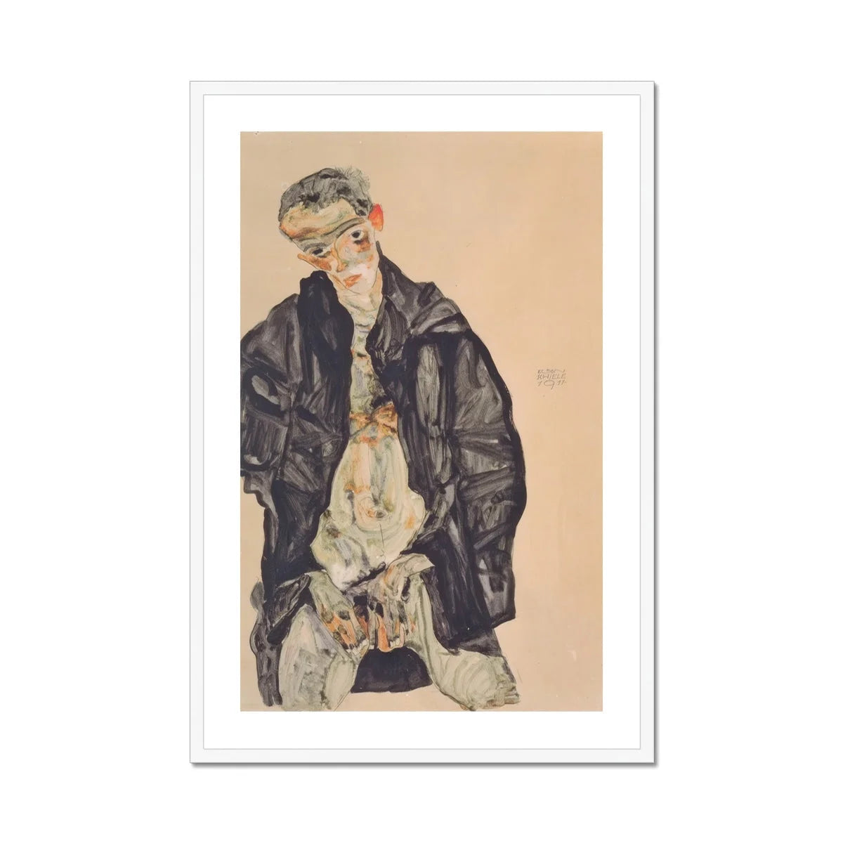 Masturbation - Egon Schiele Art Print, Framed Print Painting Man Dark Coat