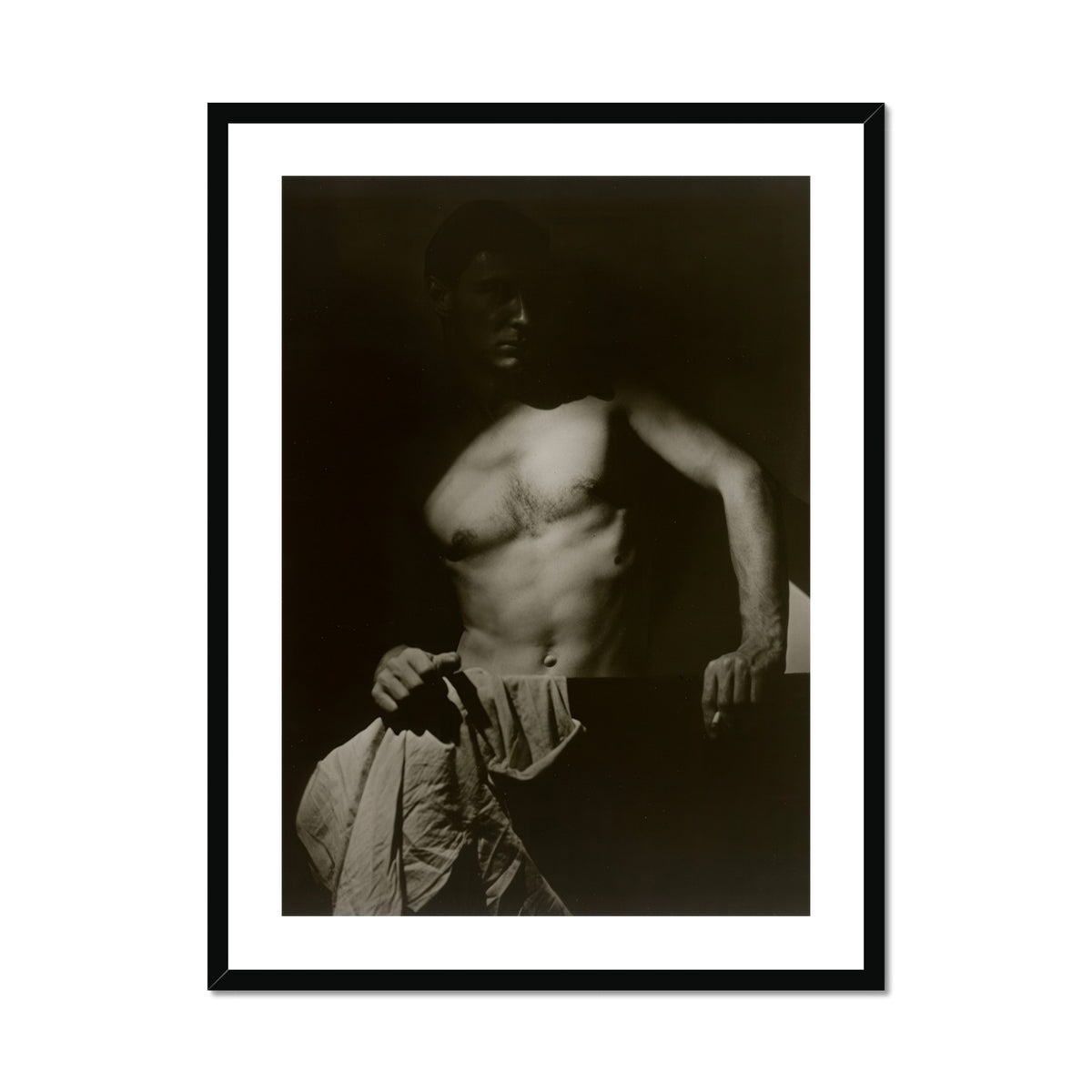 Max After Surfing Olive Cotton Art Print, Black White Photograph Shirtless Man Cloth Draped Lap