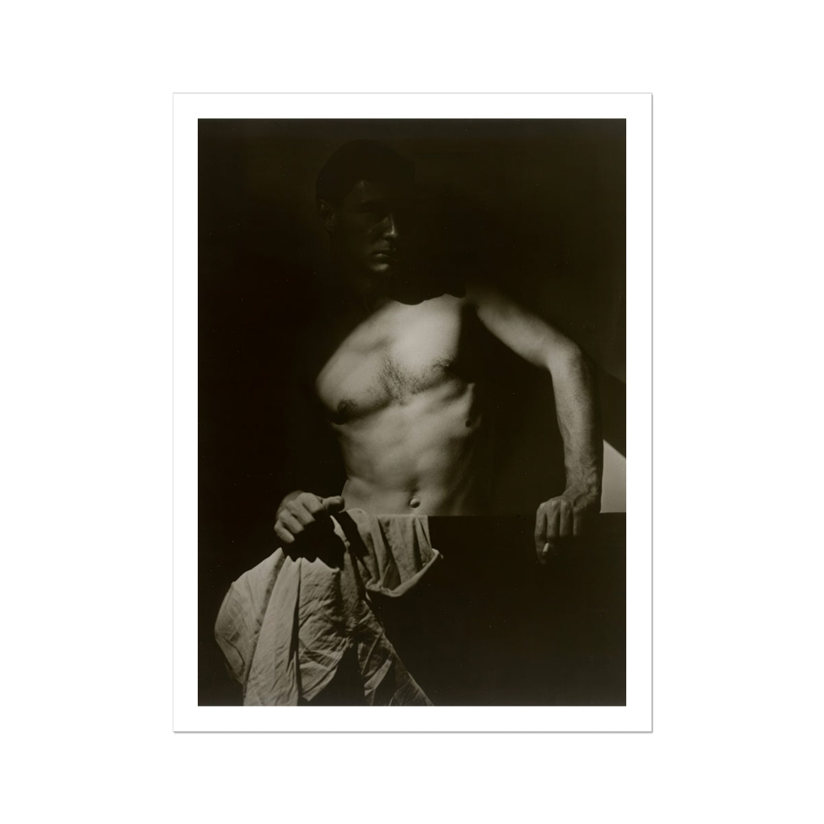 Max After Surfing Olive Cotton Art Print, Black White Photograph Shirtless Man Towel