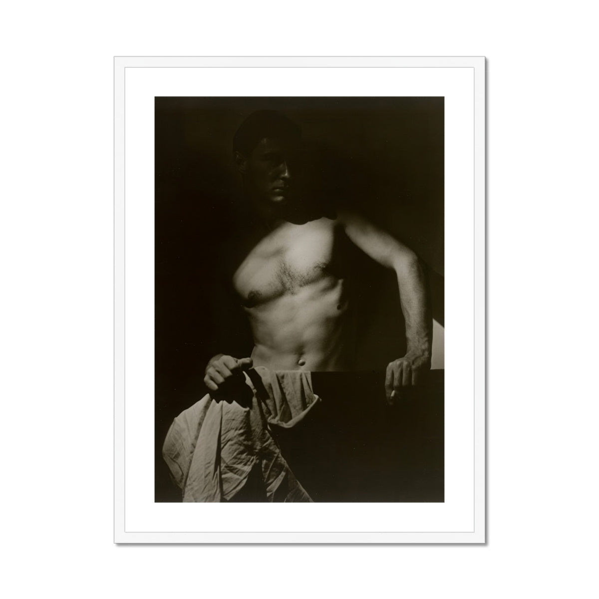 Max After Surfing Olive Cotton Art Print, Black White Photographic Print Shirtless Man