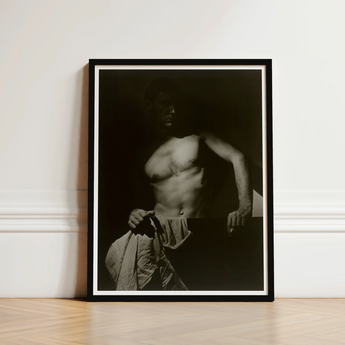 Max After Surfing - Olive Cotton Art Print / Canvas Black-framed Black-and-white Photographic Muscular Man Shadowy Lighting Revealing Taut