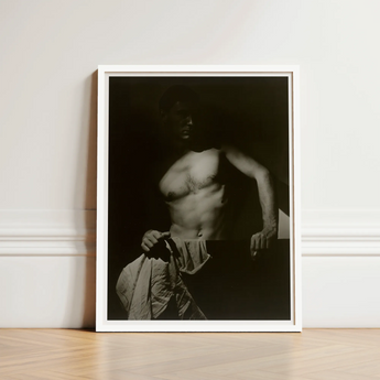 Max After Surfing - Olive Cotton Art Print / Canvas Black-and-white Framed Photograph Muscular Man Shadowy Lighting Encased Revealing Taut