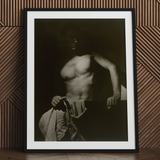 Max After Surfing - Olive Cotton Art Print / Canvas Black White Framed Shirtless Man Unusual Revealing Taut Muscle, Elemental Contrasts,