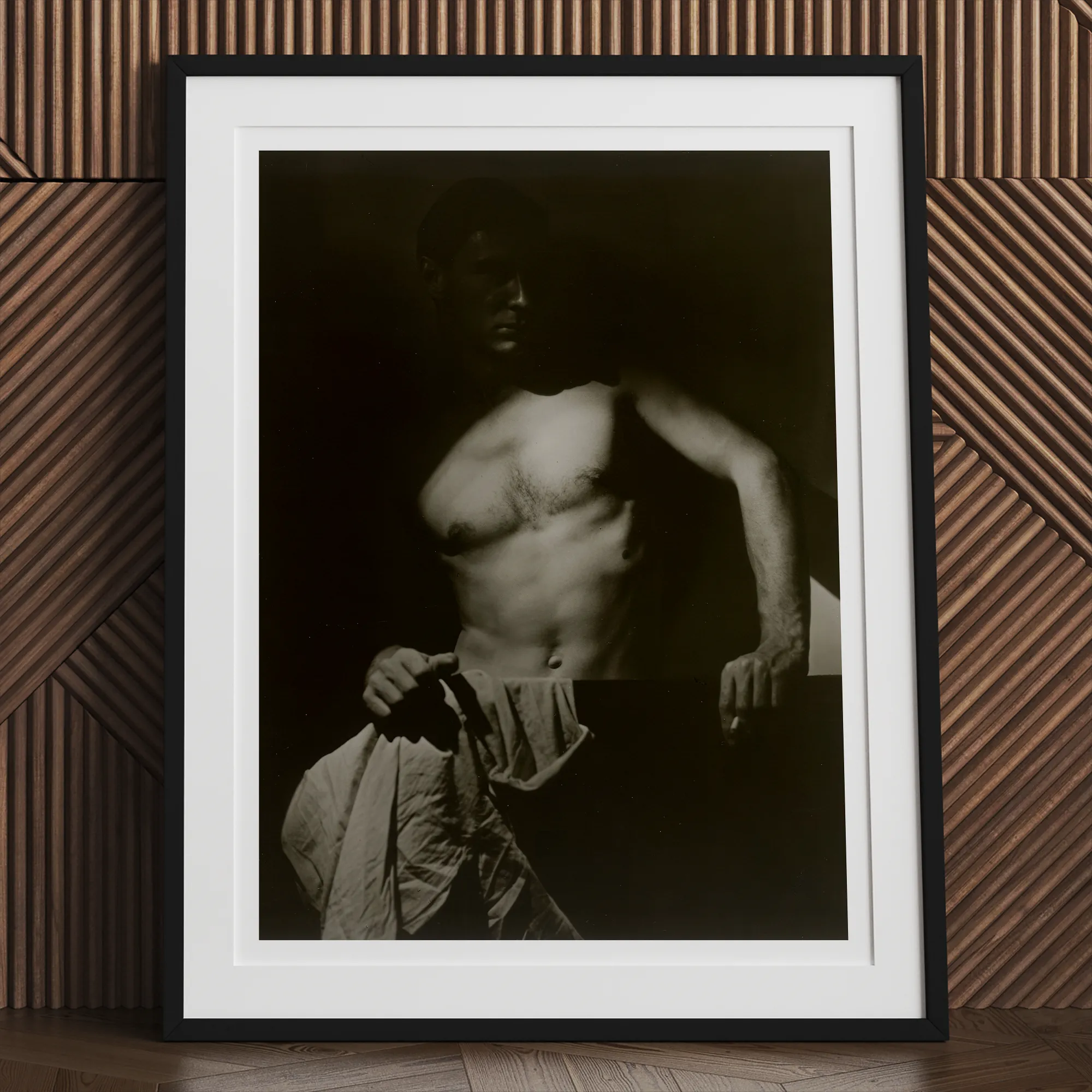 Max After Surfing Olive Cotton Art Print, Framed Black White Photo Shirtless Man