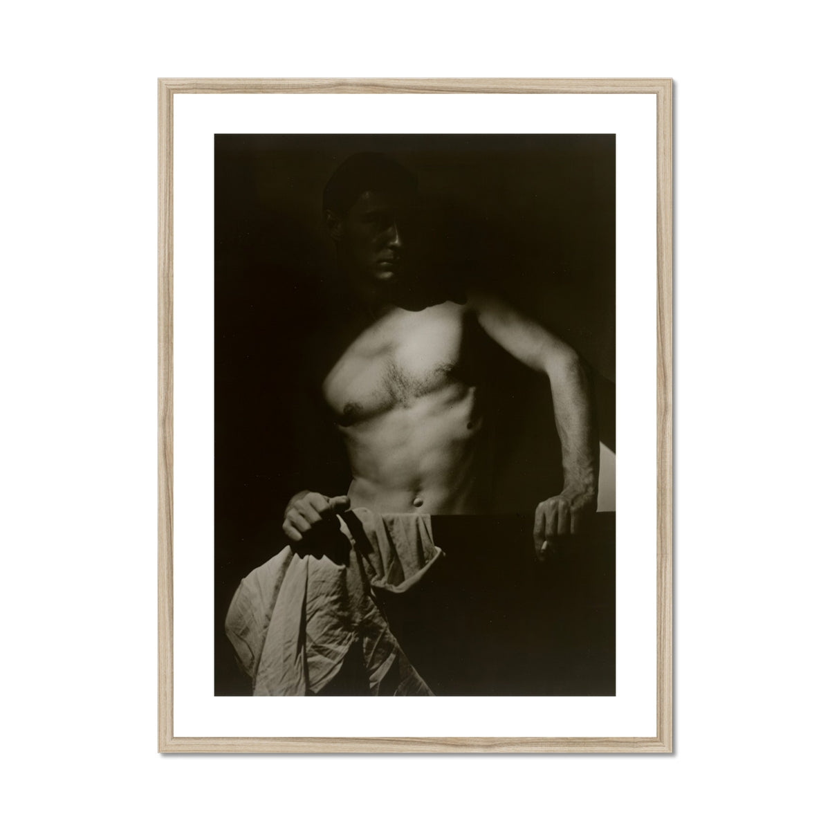 Max After Surfing Olive Cotton Art Print, Framed Black White Photograph Man’s Torso