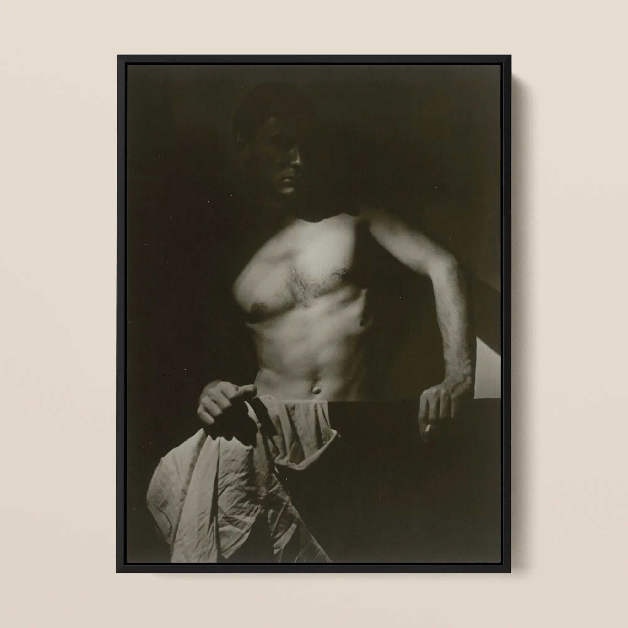Max After Surfing Olive Cotton Framed Canvas, Sepia Toned Photographic Print Shirtless Man