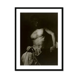 Max After Surfing - Olive Cotton Art Print, Black White Photograph Shirtless Man Cloth Draped Lap