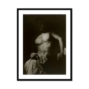 Max After Surfing - Olive Cotton Art Print, Black White Photograph Shirtless Man Cloth Draped Lap