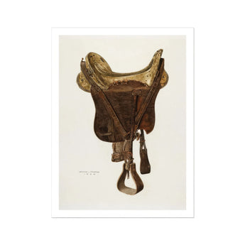 Mclellan Saddle - Walter Praefke Equestrian Art Print, Brown Leather Horse Saddle Stirrups Decorative Trim