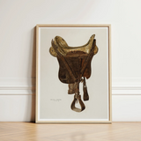 Mclellan Saddle - Walter Praefke Equestrian Art Print / Canvas Framed Illustration Vintage Brown Leather Gold-toned Metal, 1930s Prints